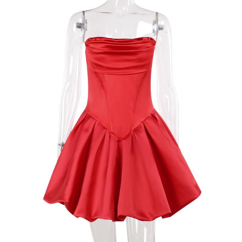 Spring and Summer Sexy Slim Fit Strapless Satin Dress