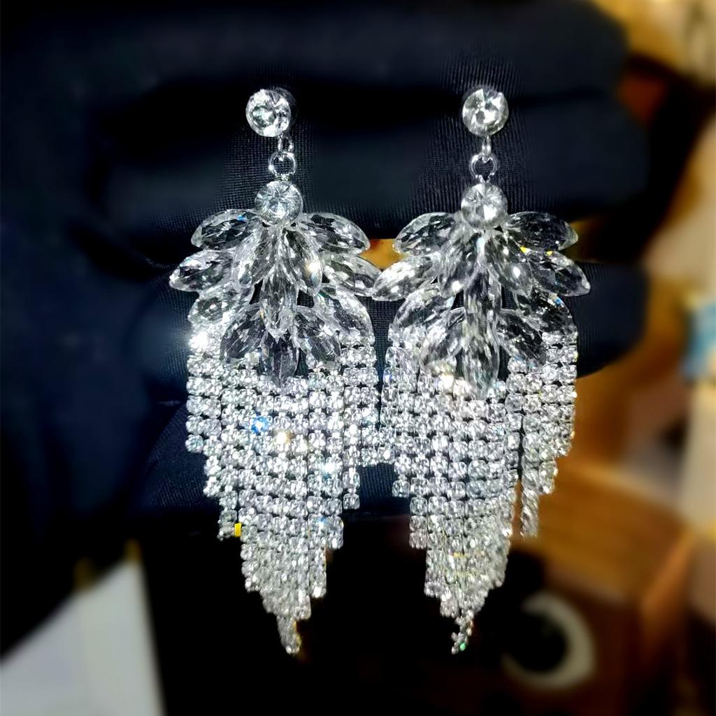 Luxury temperament full of diamond long fringed earrings for women