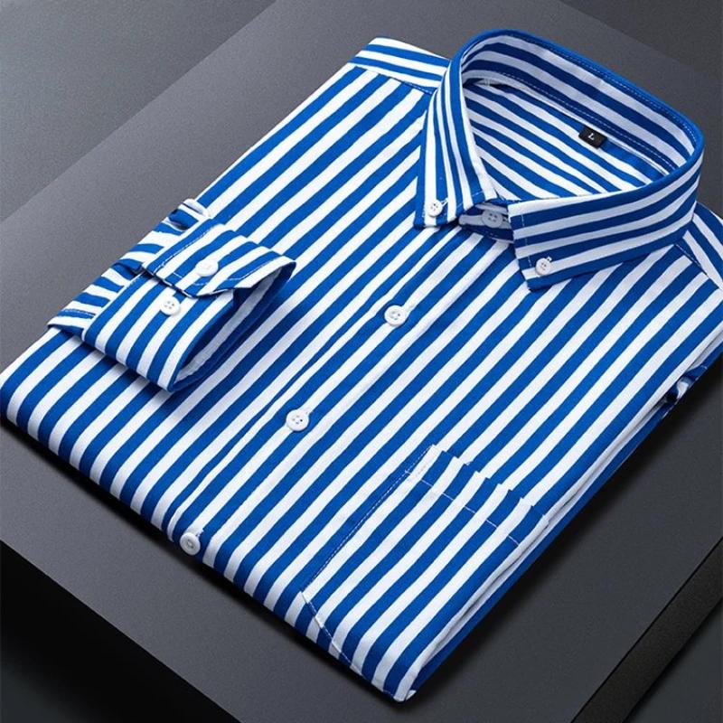 Men's Striped Shirts Formale Casual Printed Plaid Shirt Long Sleeve Slim Fit Botton Down Male Office Business Dress Shirt M-5XL