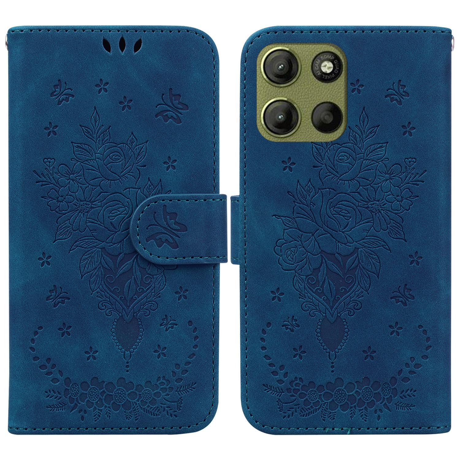 

For Motorola Moto G15 4G Case PU Leather Wallet Phone Cover Butterfly Flower Imprint Blue