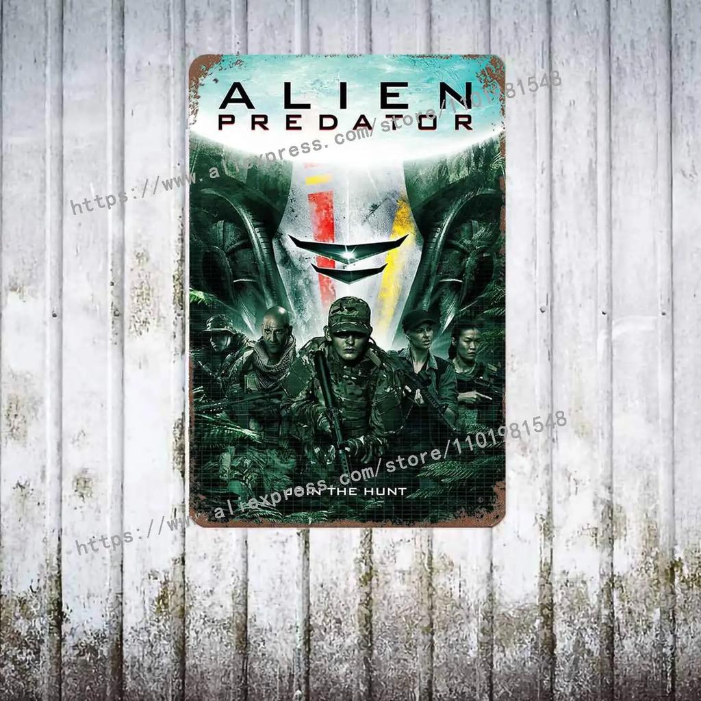Aliens vs Predator Science Fiction Poster Vintage Plåtskylt Dekorativ Plakett för Pub Bar Mancave Klubb Väggdekoration