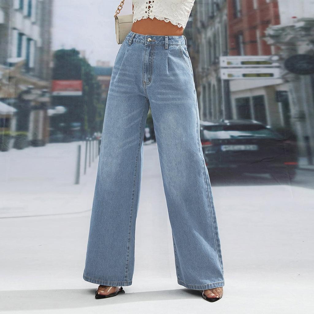 Jeans casual feminino de cor sólida com bolsos