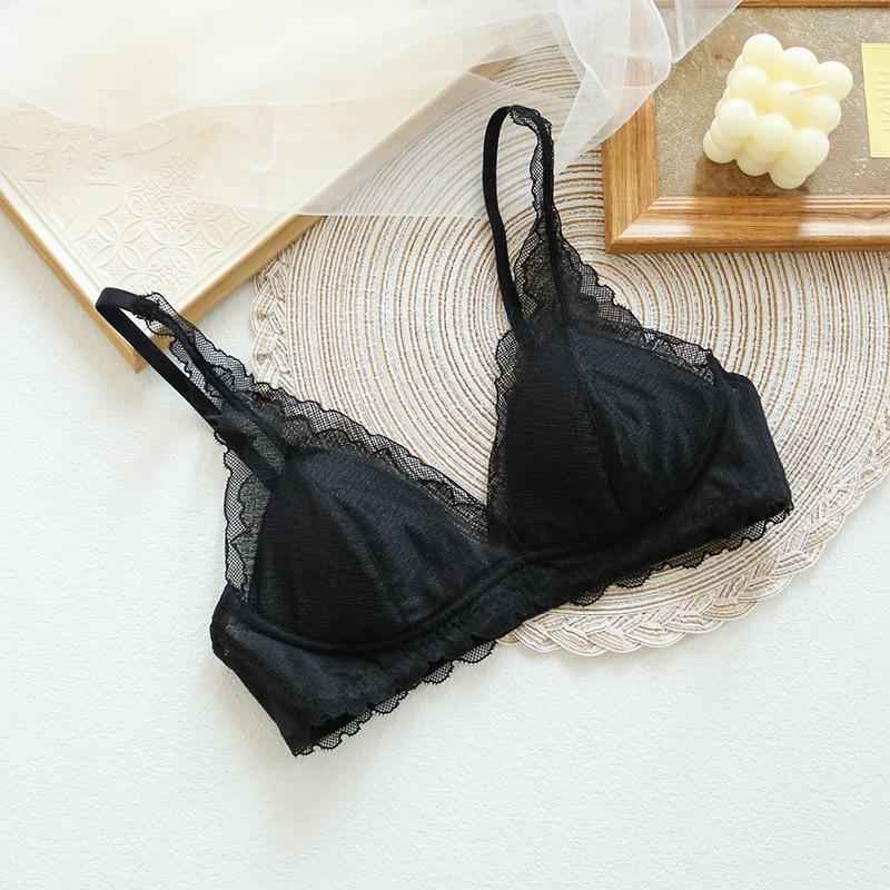 Silk underwear women s steel rim French sexy mulberry silk lace bra showing chest small thin women s triangle cup S чёрный