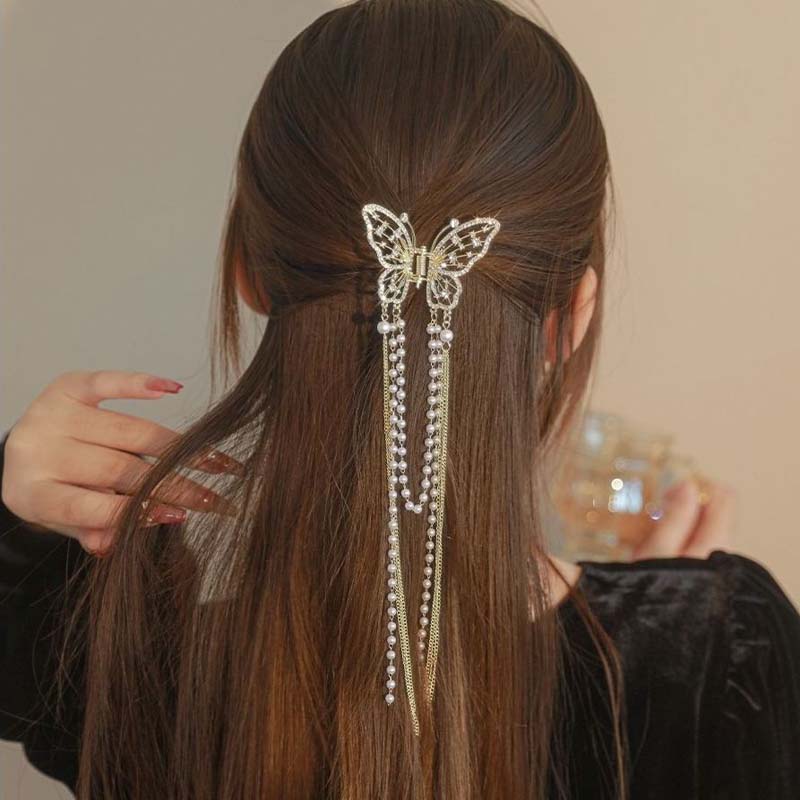 New Butterfly Pearl Tassel Hairpin Fashion Simple Side Clip Ponytail Claw Clip Elegant Women's Hair Clip Headdress Party Gifts