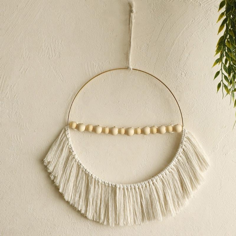 Elegant Handmade Macrames Tassels Wall Hanging Decors Large Round Frame Wood Beads Wall Ornament for Home Aesthetic