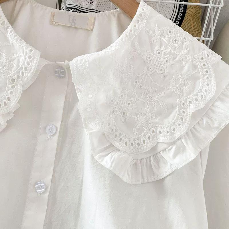 Preppy Style Peter Pan Collar White Shirt Women Spring Summer Long Sleeve Casual Loose Student Blouses Kawaii Button-Up Shirts
