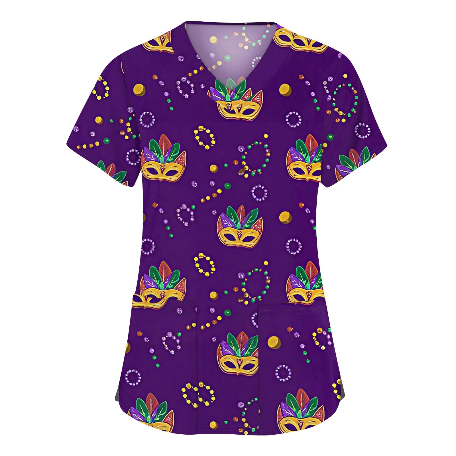 

Women s Fashion V-neck Short Sleeve Workwear With Pockets Printed Tops L