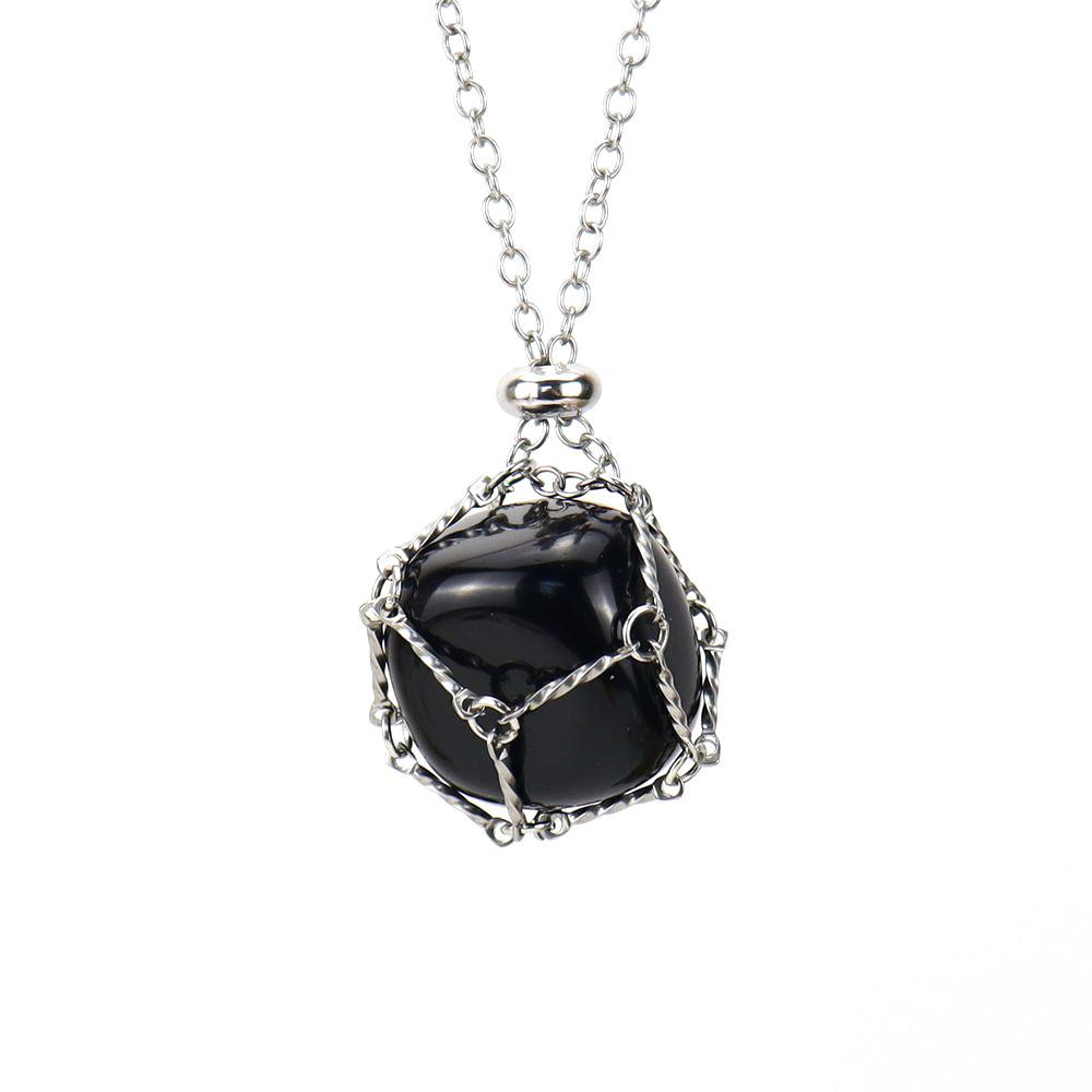 Stainless Steel Metal Bamboo Braided Mesh Prison Cage Pendant Natural Crystal Rough Stone Necklace Adjustable N700