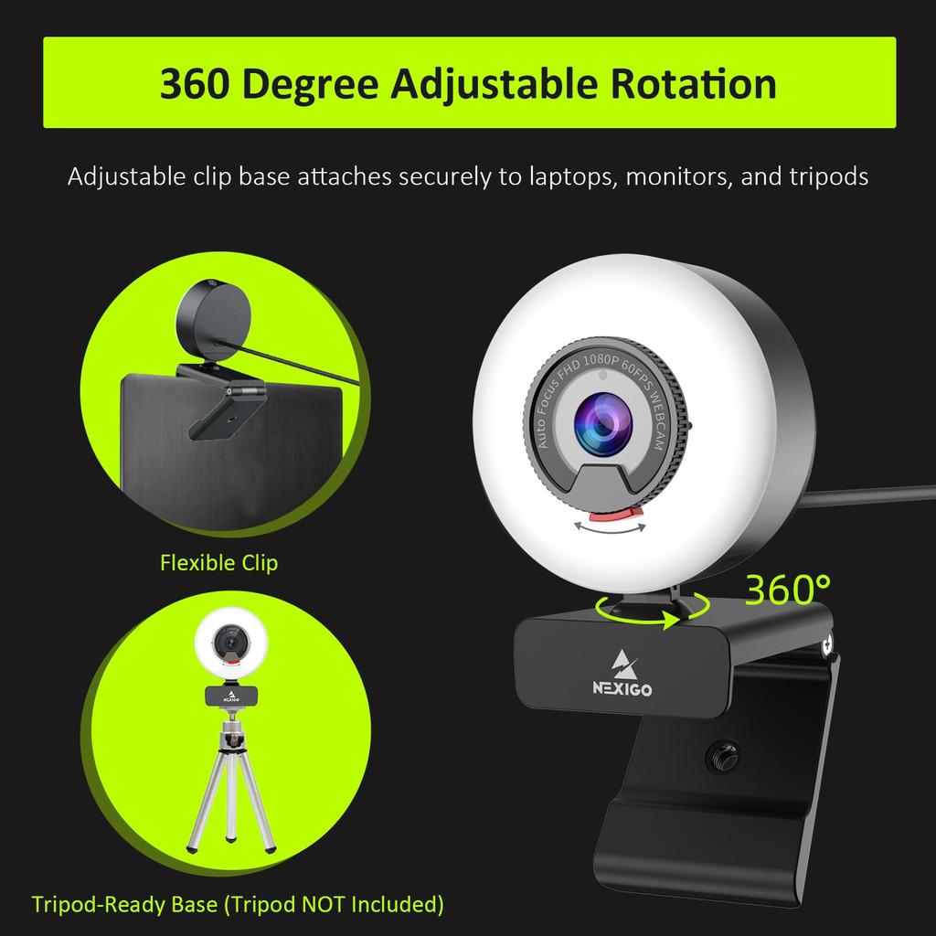 NexiGo N960E Webcam 60fps with Automatic Brightness Stepless 3 Color PC Privacy USB 2 Stereo Software Compatible with Zoom Light, 1080P, Correction,