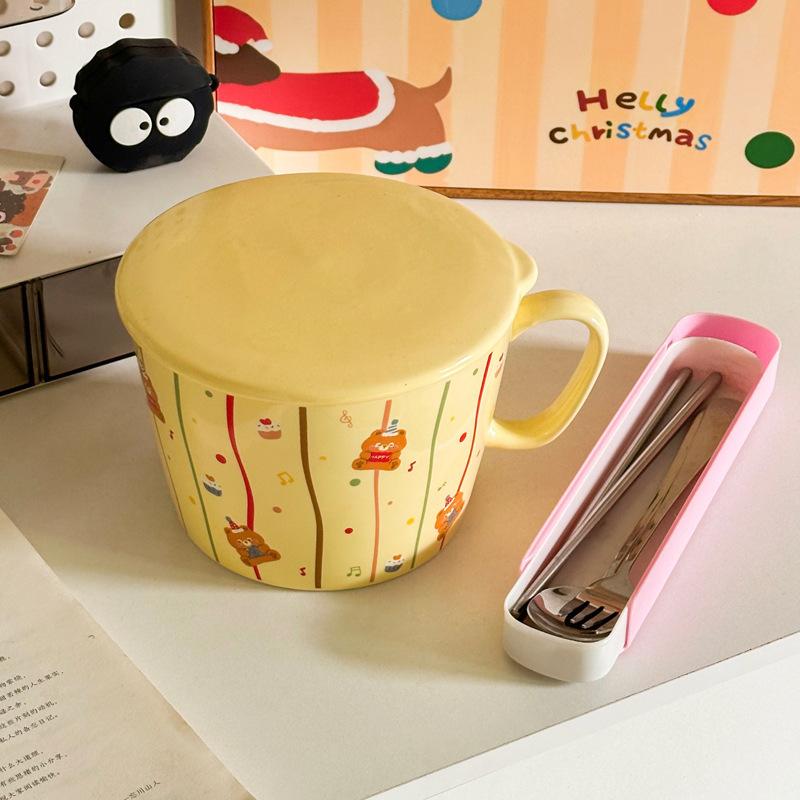 Cream Wind Cartoon Bear Student Instant Noodle Cup Household Instant Noodle Bowl with Cover Dormitory Instant Noodle Bowl Personal