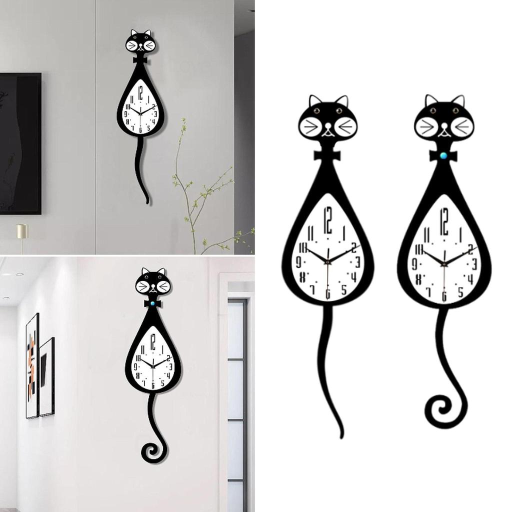 Cat Shaped Wall Clock Display Modern No Ticking for Office Gift Drawing Room