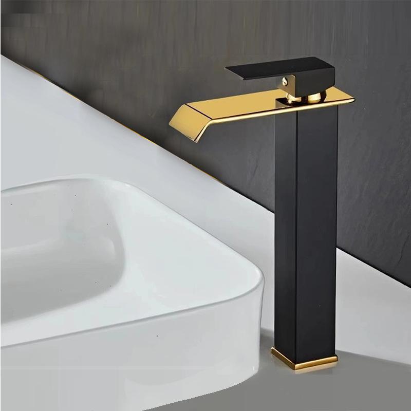 Tuqiu Gold and Black Bathroom Faucet Waterfall Faucet Basin Faucet Bathroom Basin Faucet Mixer Tap Hot and Cold Sink Faucet