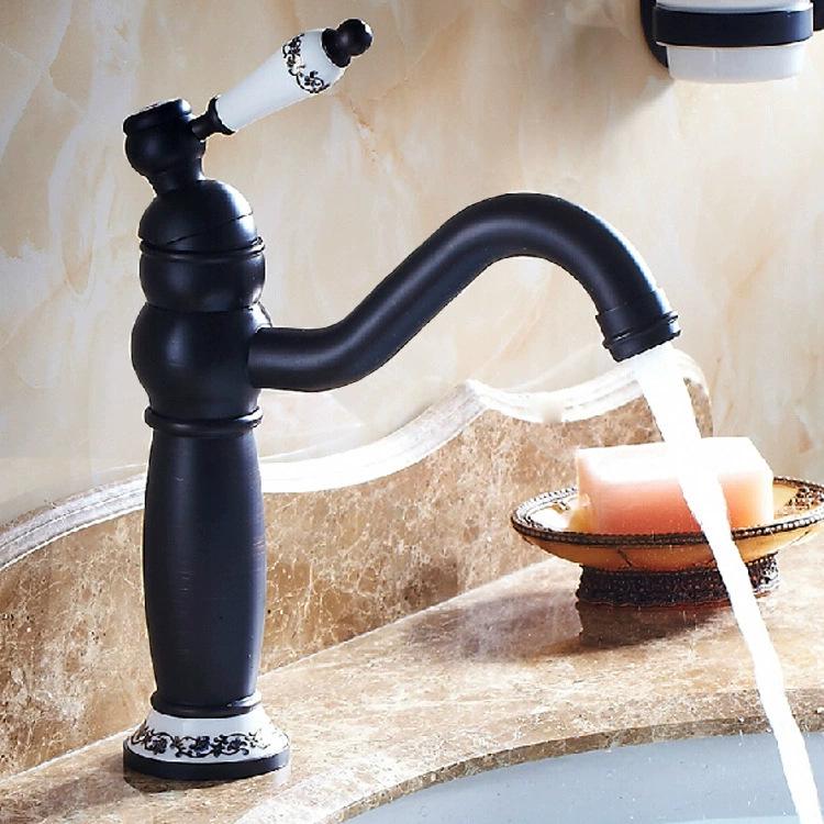 Vintage Black Single-Handle Basin Faucet with Brass & Blue-White Porcelain