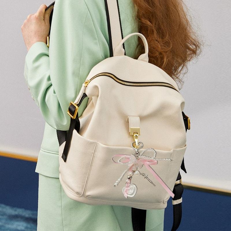 Fashionable Faux Pearls Bowtie Charm Stylish Bowknot Ribbon Keychain Bag Ornament Jewelry for Purses and Accessories