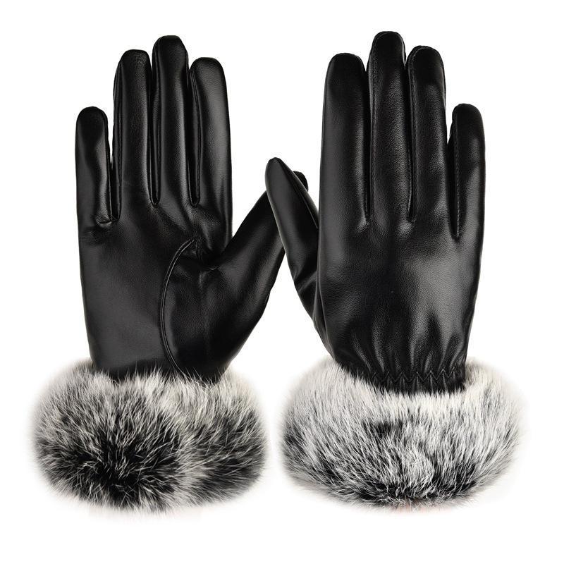 Autumn and winter women's thermal gloves PU leather velvet thermal versatile driving rabbit fur mouth touch screen gloves