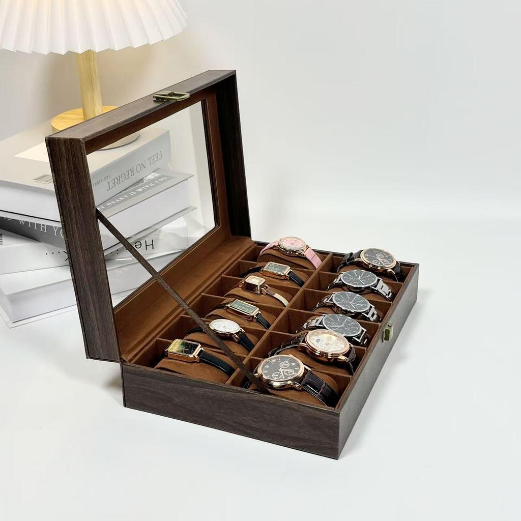 Retro Wood Grain 12-Slot PU Leather Watch Storage Box - In Stock
