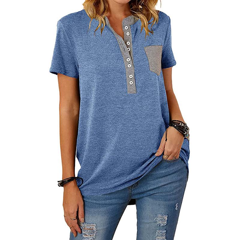 2026 Fashion Simple Top Single-breasted Pocket Splicing Short Sleeve Casual Women's T-Shirt