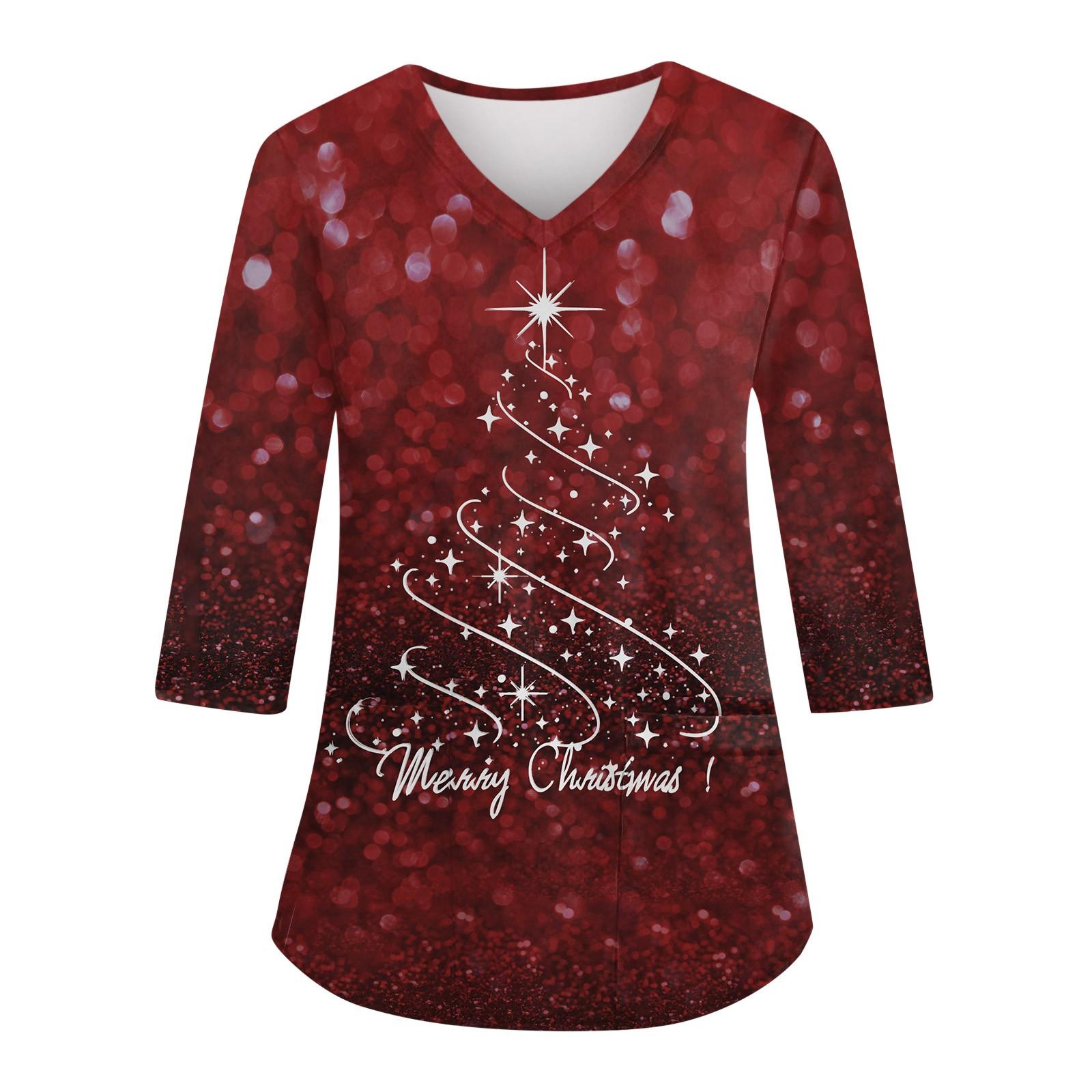 

Женский повседневный рождественский свободный V-образный вырез с карманом и принтом, рукава три четверти M винный