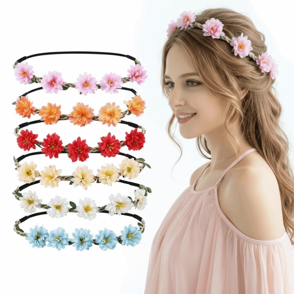 Adjustable Ribbon Floral Wreath Crown Pink Rose Bohemia Garland Headpiece  for Girls Women