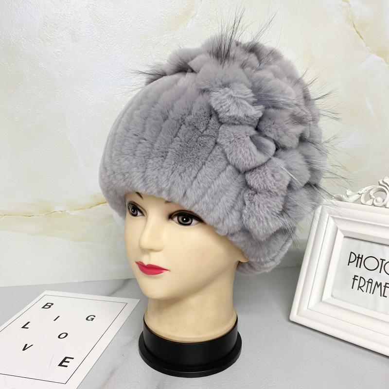 New Natural Rabbit Fur Hats for Women Striped Floral Fox Fur Beanies Female Winter Warm Knitted Outdoor Thick Snow Caps Beanies