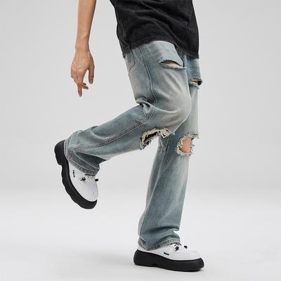 Spring and Summer New Ripped Straight Micro-tip Nostalgic Blue Jeans Denim City