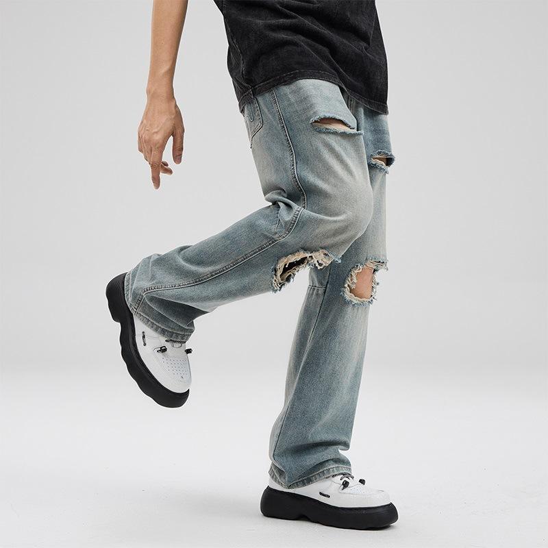 Spring and Summer New Ripped Straight Micro-tip Nostalgic Blue Jeans Denim City