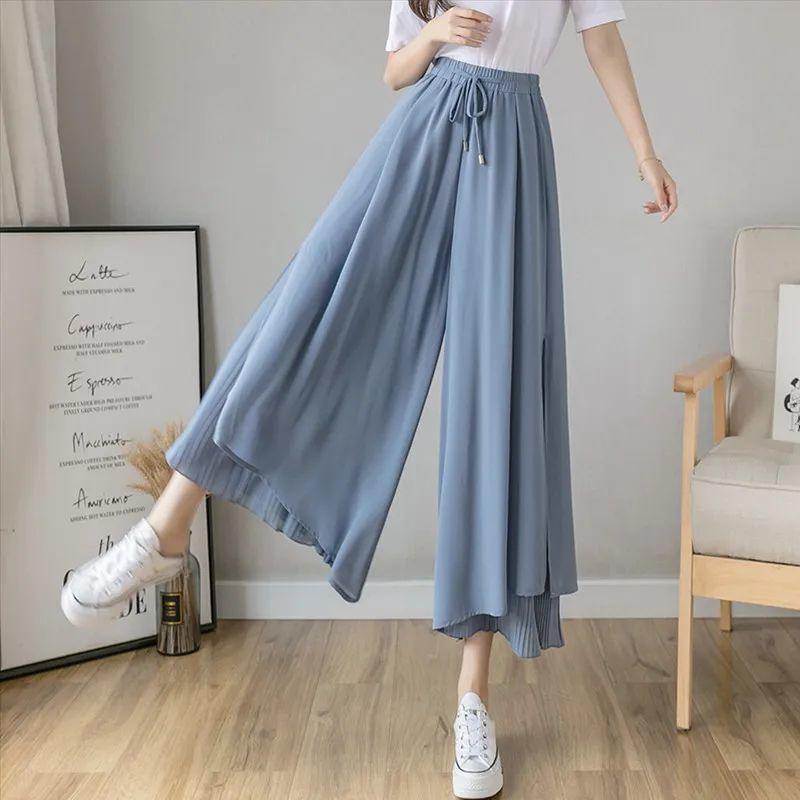 Chiffon High-Waisted Black Wide-Leg Cropped Pants for Women - Korean Style, Loose Fit, Slimming.