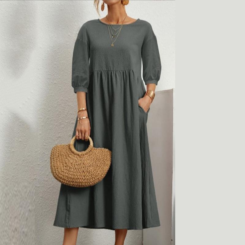 

Модное однотонное летнее платье с рукавами-фонариками, женское винтажное свободное хлопково-льняное повседневное платье, женские карманные офисные женские платья размера плюс 24196 XXL темно-серого