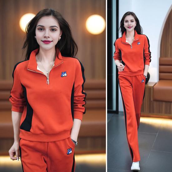 2 Teile/satz Damen Sportbekleidungsset Langarm Farblich Passend Reißverschluss Stehkragen Sweatshirt Elastische Taille Weite Beinhose Sportkleidung Lässig