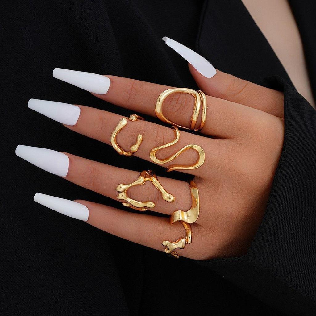 European & American Metal Texture Ring Set: Smooth, Exaggerated Geometric Open Rings for Women