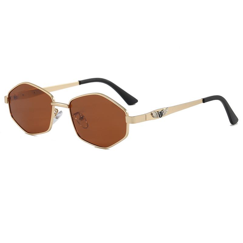 

New Vintage Polygon Sunglasses for Men Women Retro Metal Frame Sun Glasses With Gold Wing Decor UV400 Protection Driving Eyewear no case