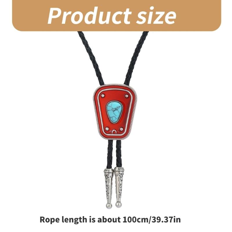 Men Women Bolo Tie Necktie Artificial Leather Braided Rope Necklace with Enamel Stone Pendant Jewelry Cowboy Neckwear
