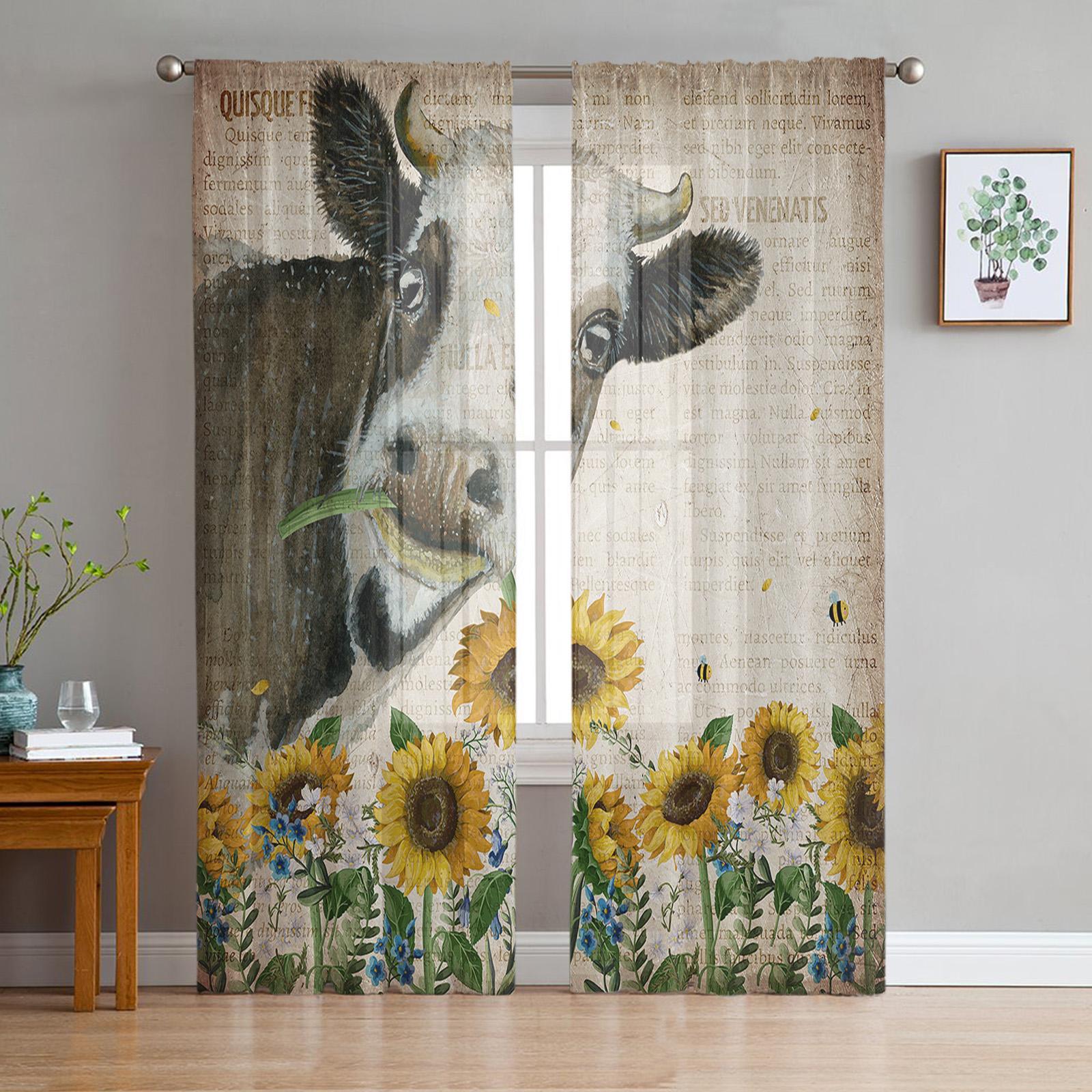 

American Country Style Sunflower Cow Sheer Curtains for Living Room Modern Voile Curtain Bedroom Tulle Curtains Window Drapes W135 x H114cm