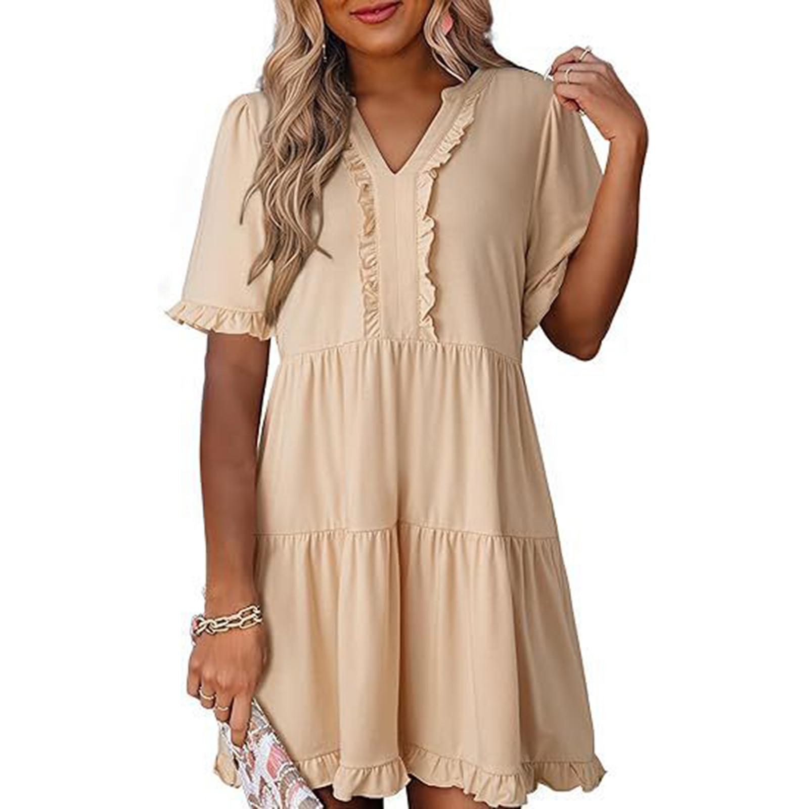 Women s Fashion Casual Ruffled Dress Short Sleeve V-Neck Large Swing Dress XL бежевый