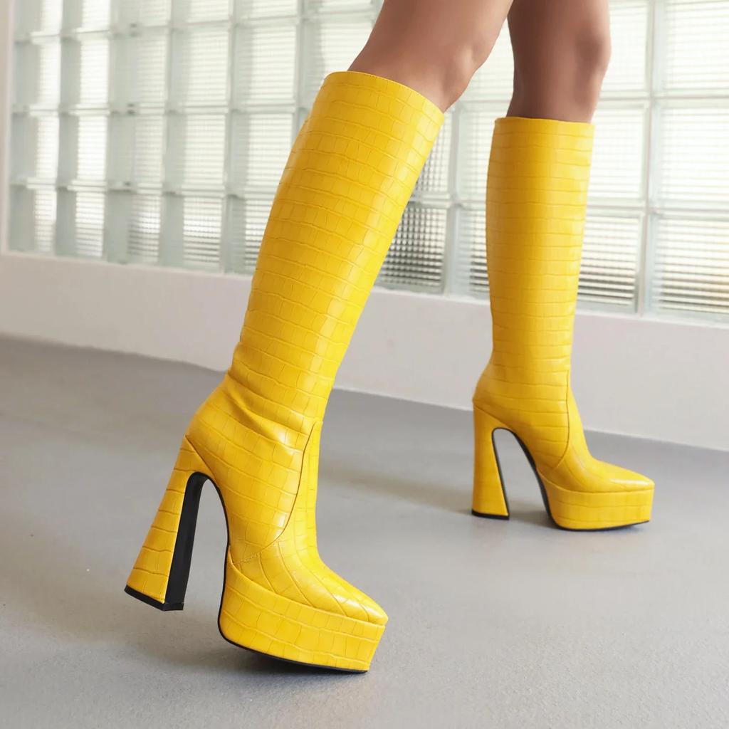 Yellow Faux Crocodile Leather Knee High Platform Boots Women Thick Heels Winter Dress Party Pointed Toe Plush Slip-on Long Boots