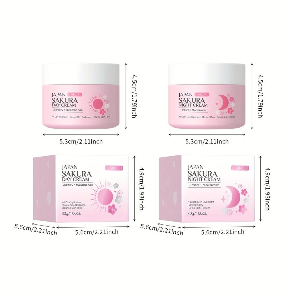 Sakura Face Cream Set with Vitamin C, Hyaluronic Acid, Niacinamide & Retinol, Day & Night Moisturizer, 30g