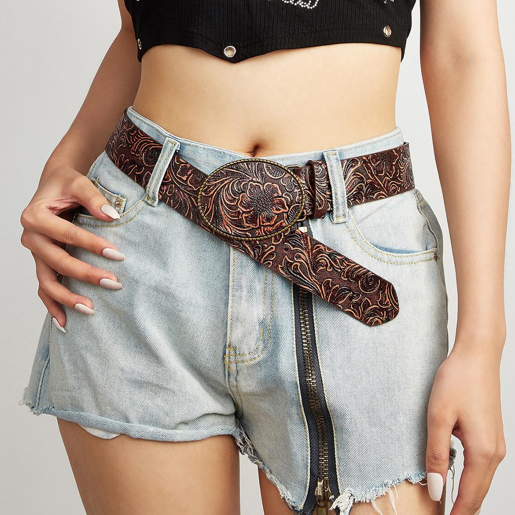 Fashion Retro Flower Pattern Oval Buckle Decoration Women Wide Belt For Daily