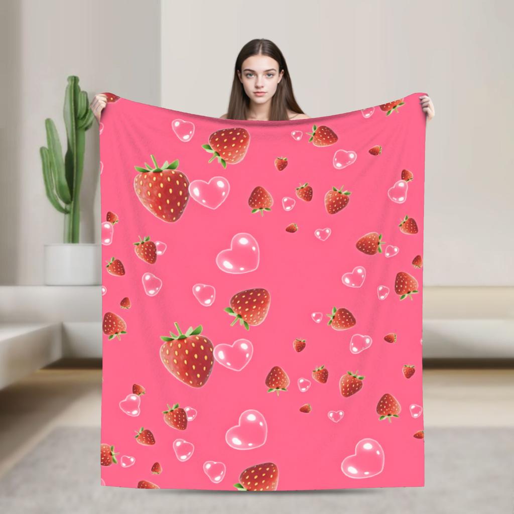 Pink Strawberry Blanket Warm Soft Funny Plush Throw Blanket For Couch Bed Decorative Flannel Bedspread Bed Cover