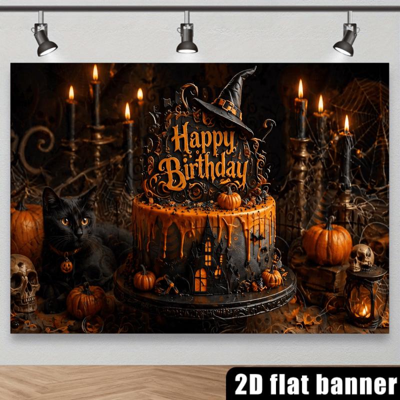 2D planar Halloween-themed birthday party banner background. Halloween style birthday theme with decorations.zyc