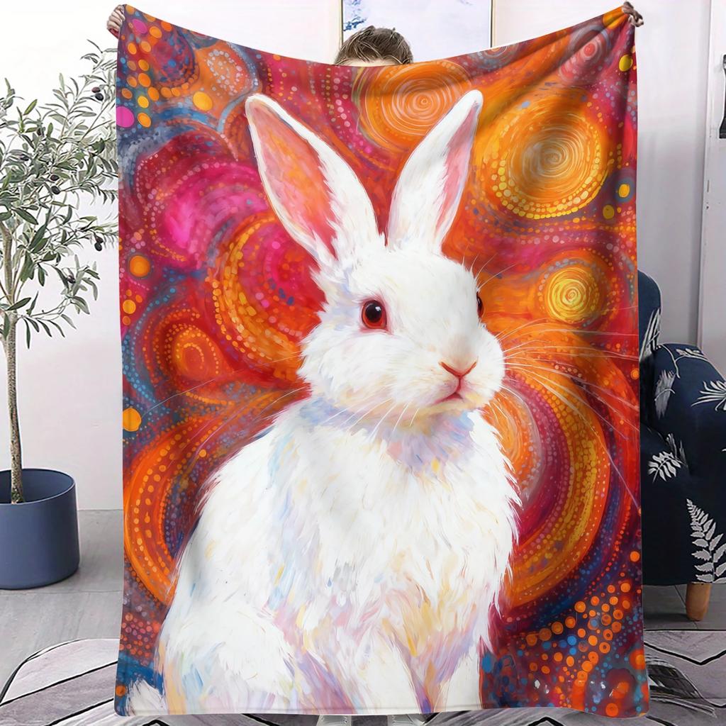 Cute Rabbit Animal Print Soft Flannel Blanket for Boys Girls Warm Multifunctional Universal Throw Blanket Decorative Gift