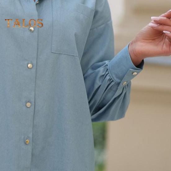 Women Denim Shirt Lapel Lantern Long Sleeves Single-Breasted Chest Pocket Long Style Shirt Daily Wear