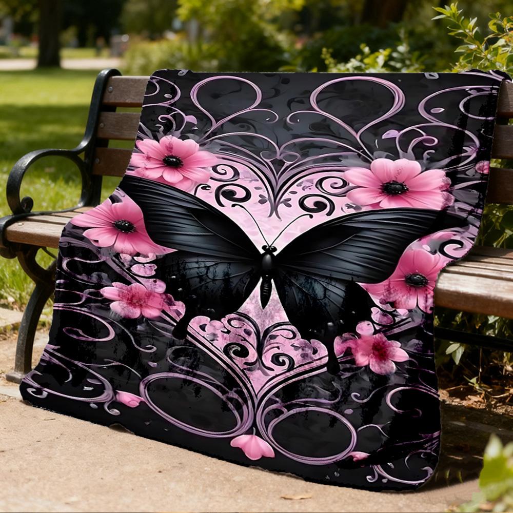 1pc Butterfly Floral Pattern Outdoor Flannel Blanket Soft All Season Polyester Throw , Perfect for Picnics & Travel , Picnic Accessory
