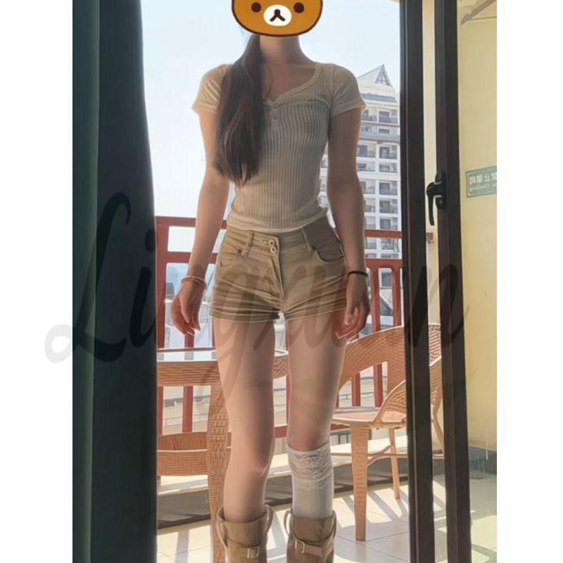 Petite Khaki High-Waisted Denim Shorts - American Style Slimming Casual Summer 2026 XL