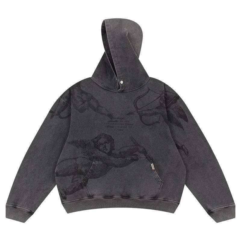 Felpa con cappuccio EastRogue con stampa angelo Cupido, stile high street lavato e distressed, vestibilità ampia, per uomo e donna, in puro cotone