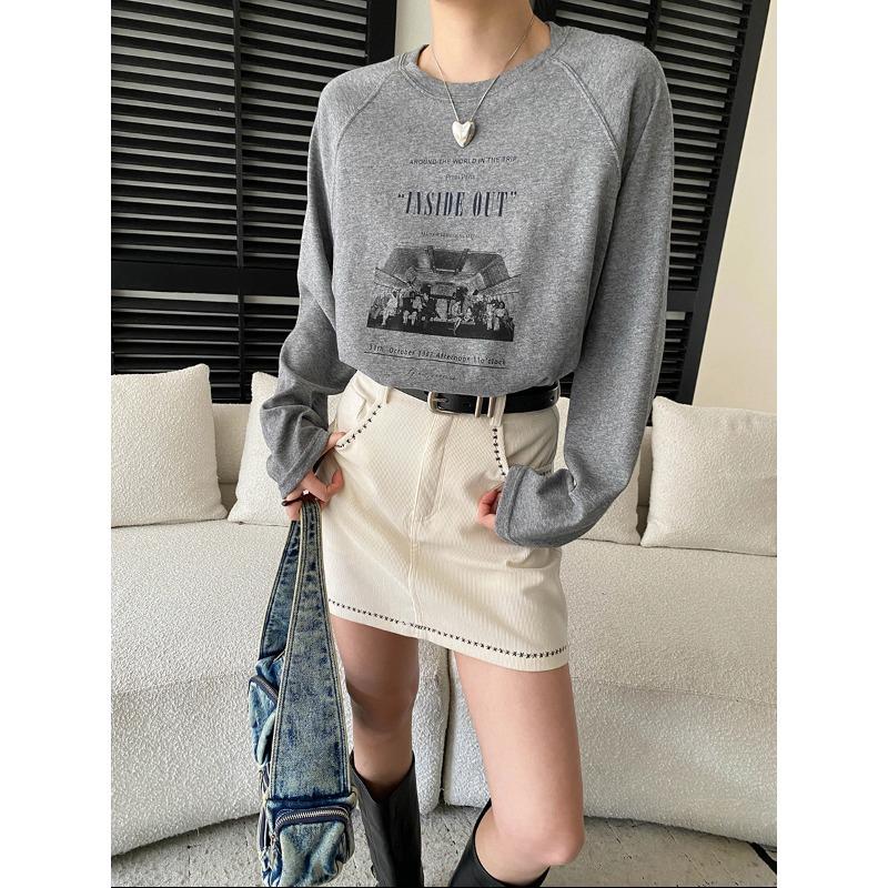 Sinan Retro Letter Print Loose T-Shirt SN8569 - Early Spring Collection One Size хизер серый