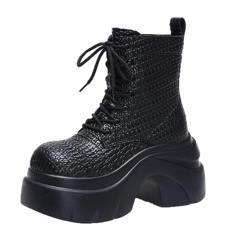 

Fashion 9CM Women s Chunky Ankle Boots New Autumn Winter Weave Leather Punk Shoes High Platform Casual Short Boots Botas Mujer 34