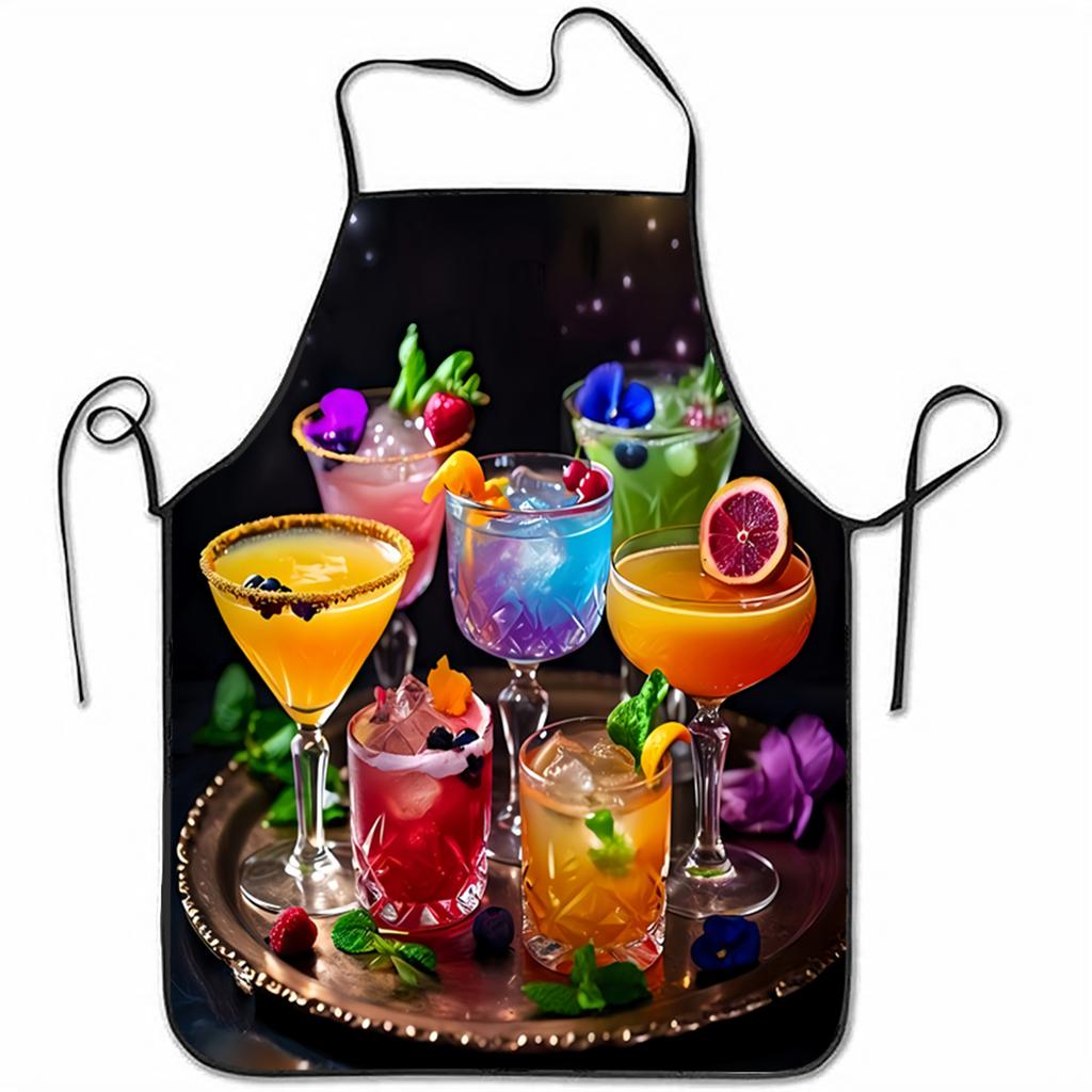 A 2D Summer Party Theme Featuring Colorful Cocktail Display Kitchen Aprons, Vintage Style, Fabric, Adjustable Neck Strap, Durabl