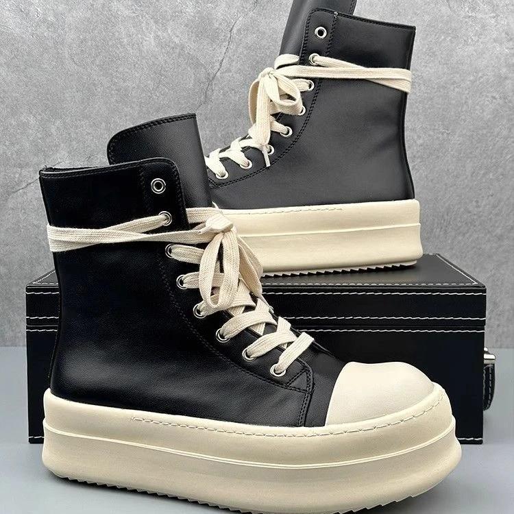High-Top Board Shoes, Men'S And Women'S Couple Boots, Side Zipper Tooling Boots, Black And White Thick-Soled Heightening Spring High-End Martin Boots
