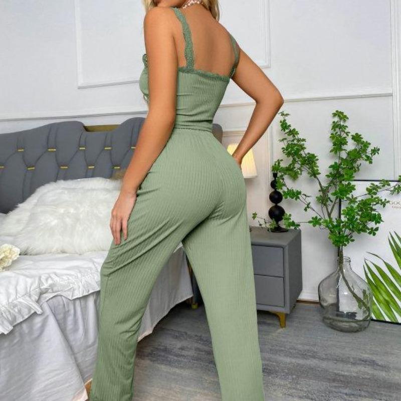 2 Pcs/Set Pants Top Suit Low-cut V Neck Sleeveless Solid Color Shirring Drawstring High Elastic Waist Lace Women Summer Pajamas Set Homewear CLE