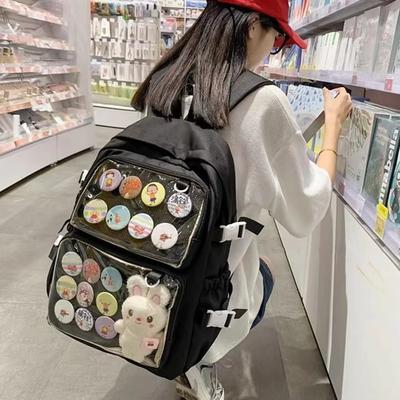 Black Transparent Versatile Casual Large-capacity Backpack Multi Pockets Bags forGirl Teens DIY Badge JK Pin Display Backpack